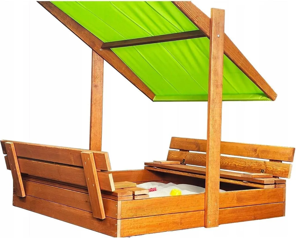 Bac à sable bois avec toit modulable vert et bancs confort intégrés