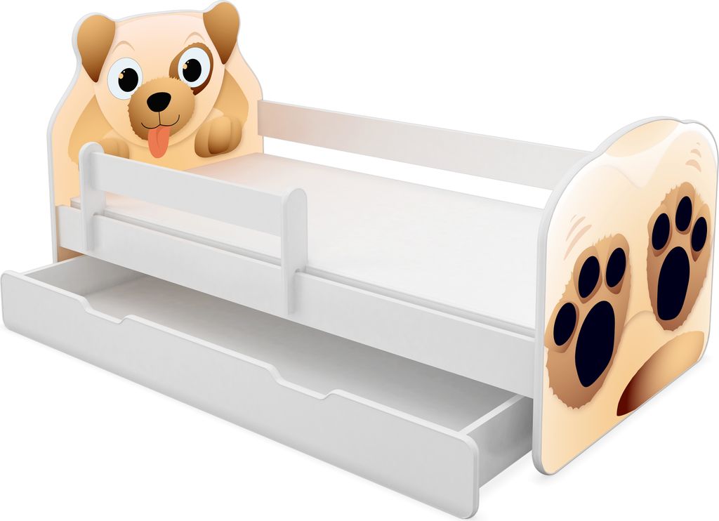 ACMA Tiere VII Kinderbett Jugendbett Junior-Bett Komplett-Set mit Matratze Rausfallschutz Lattenrost (04 Hündchen, 160x80 cm + Bettkasten)