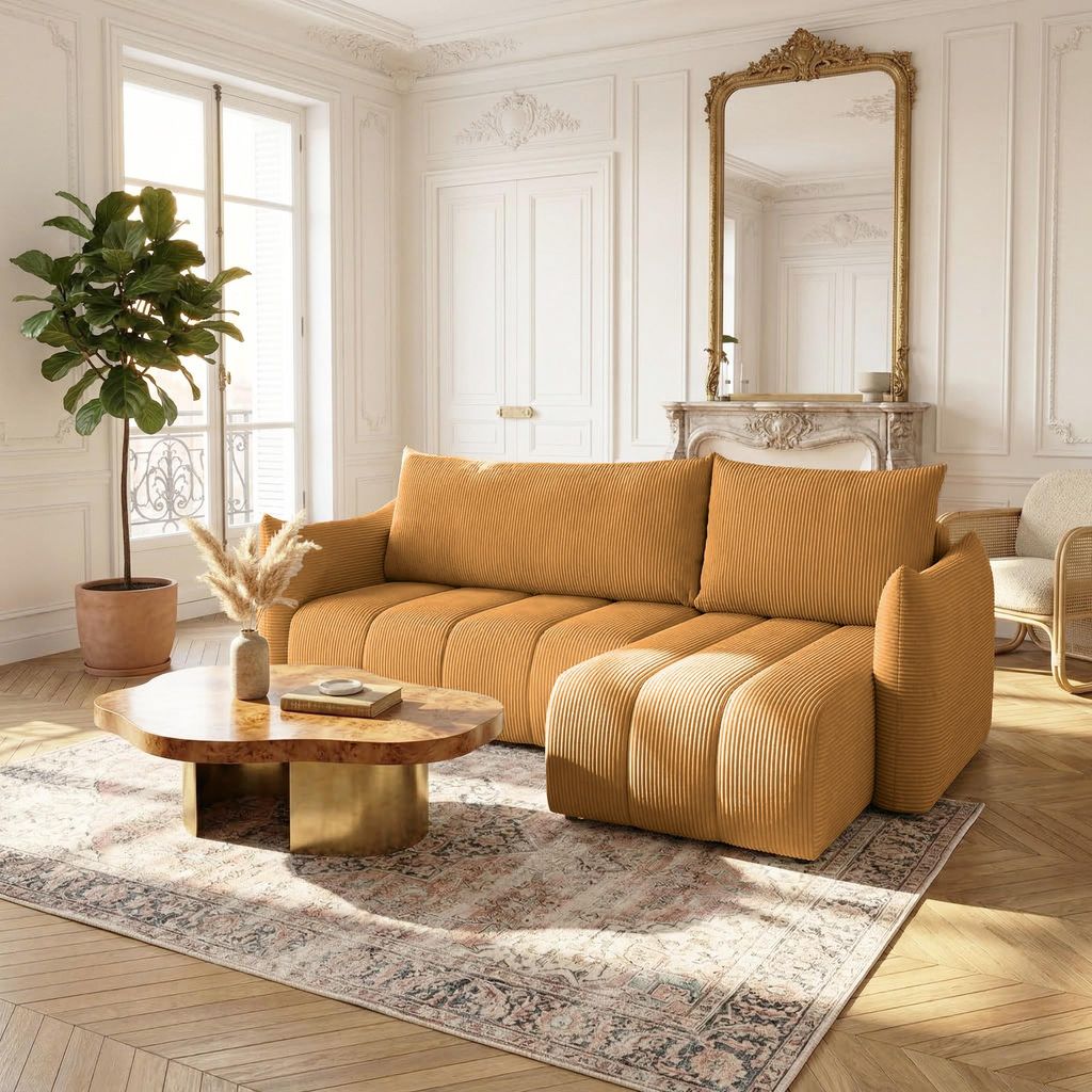 Ecksofa Schlafsofa ONTARIO XS in Stoff Poso Senfgelb Ottomane Rechts