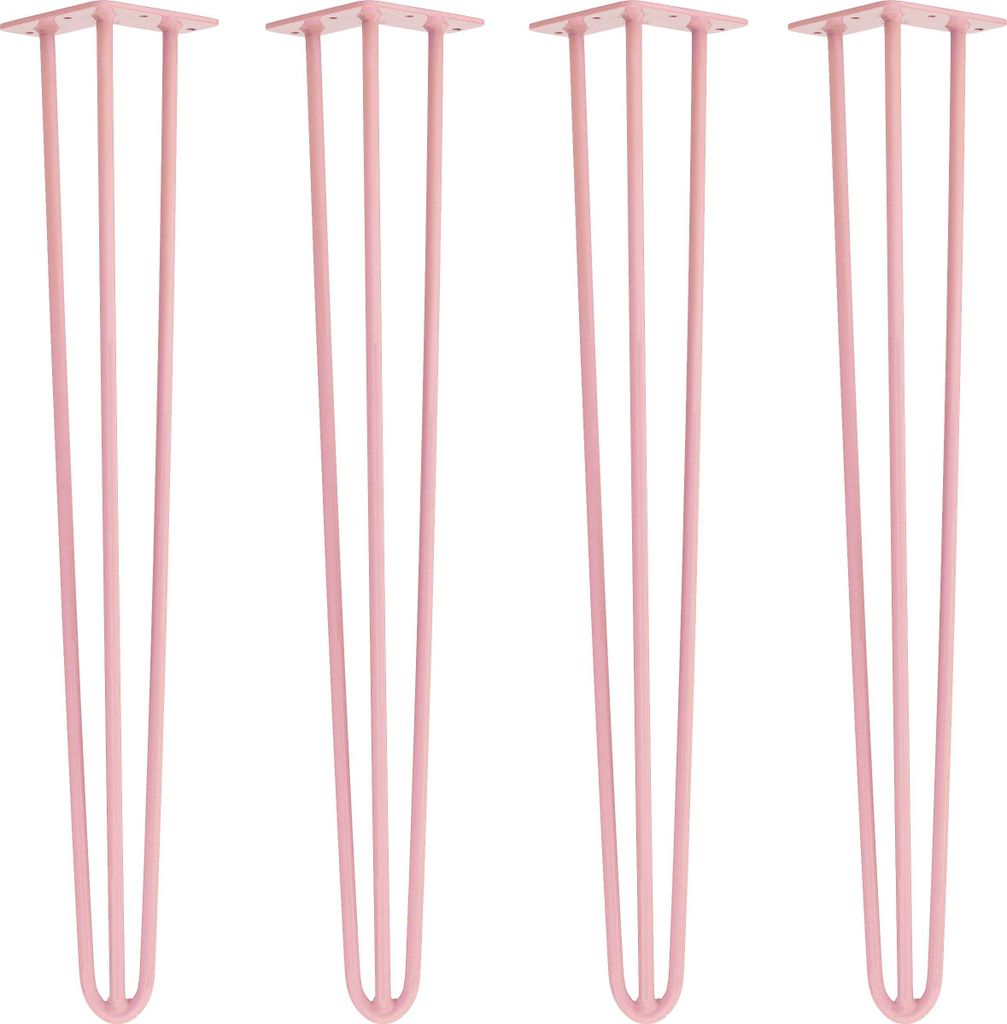 Four pink hairpin legs are arranged in a row against a white background.