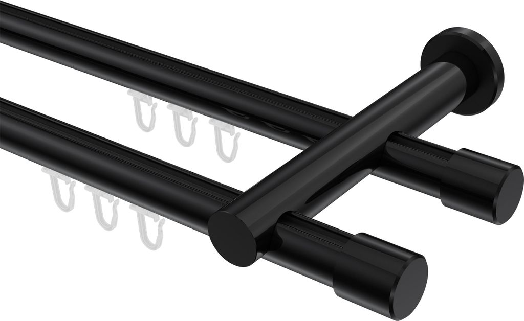 Interdeco Innenlaufstange / Gardinenstange mit Innenlauf Schwarz, Typ Platon Santo (Kappe), 20 mm Ø 2-läufig, 160 cm