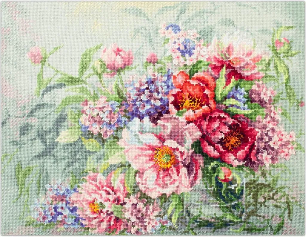 Kit Point de Croix Magic Needle Pivoines et Hortensias Zweigart 40x30cm