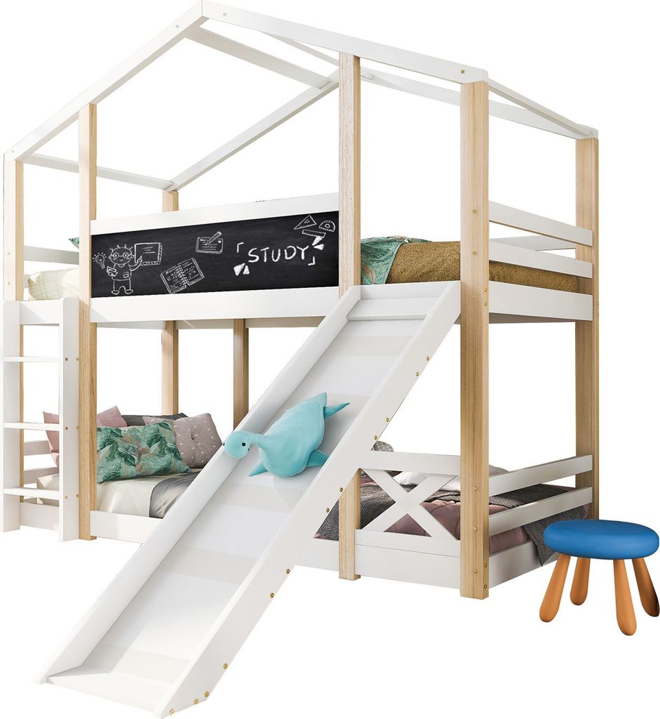 Kinderbett Baumhaus mit Rutsche & Leiter 90 x 200 cm, Hochbett für Kinder– 2x Lattenrost- Natur & Wei