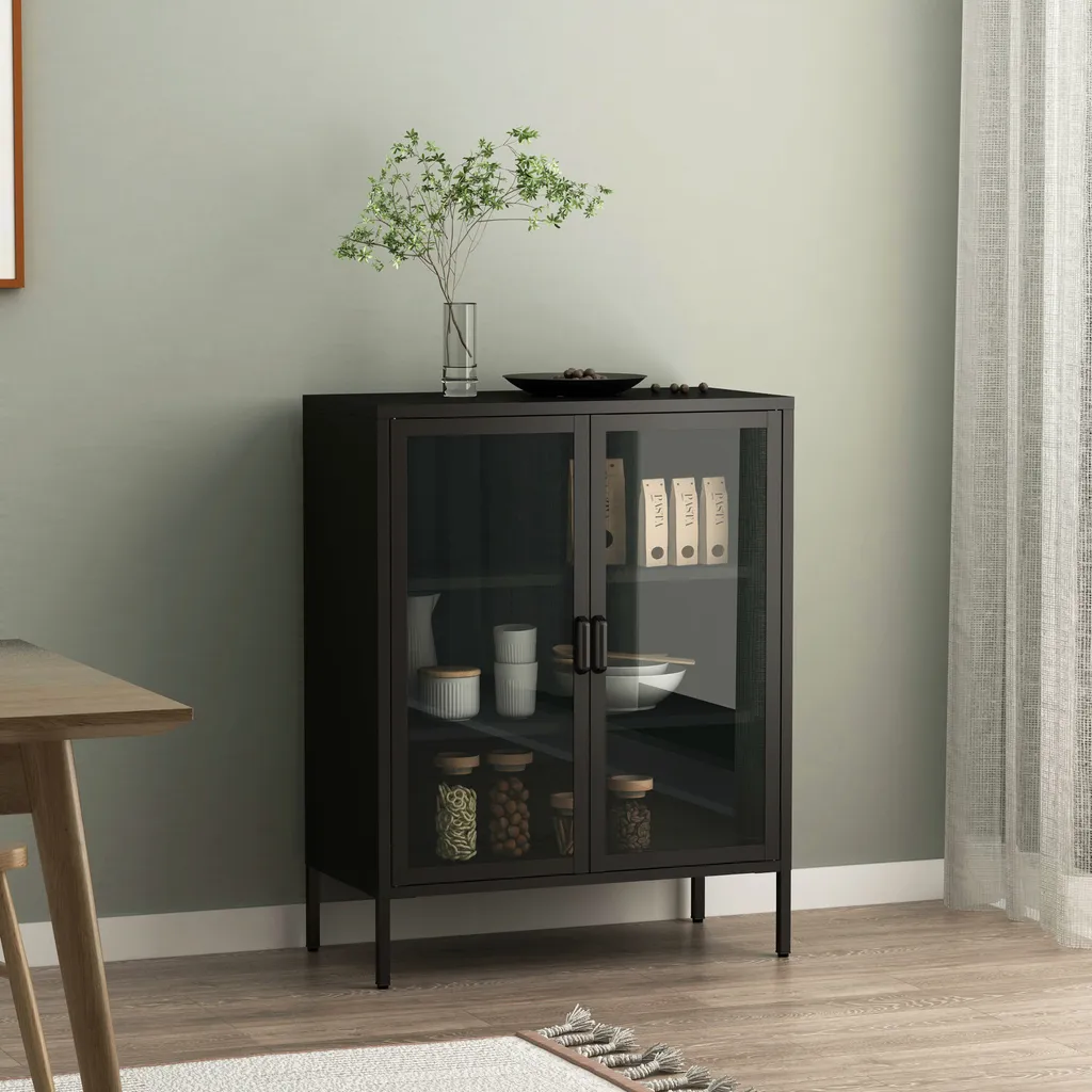 Mobile Credenza Nera Fauske 101,5cm: Acciaio e Vetro Temperato