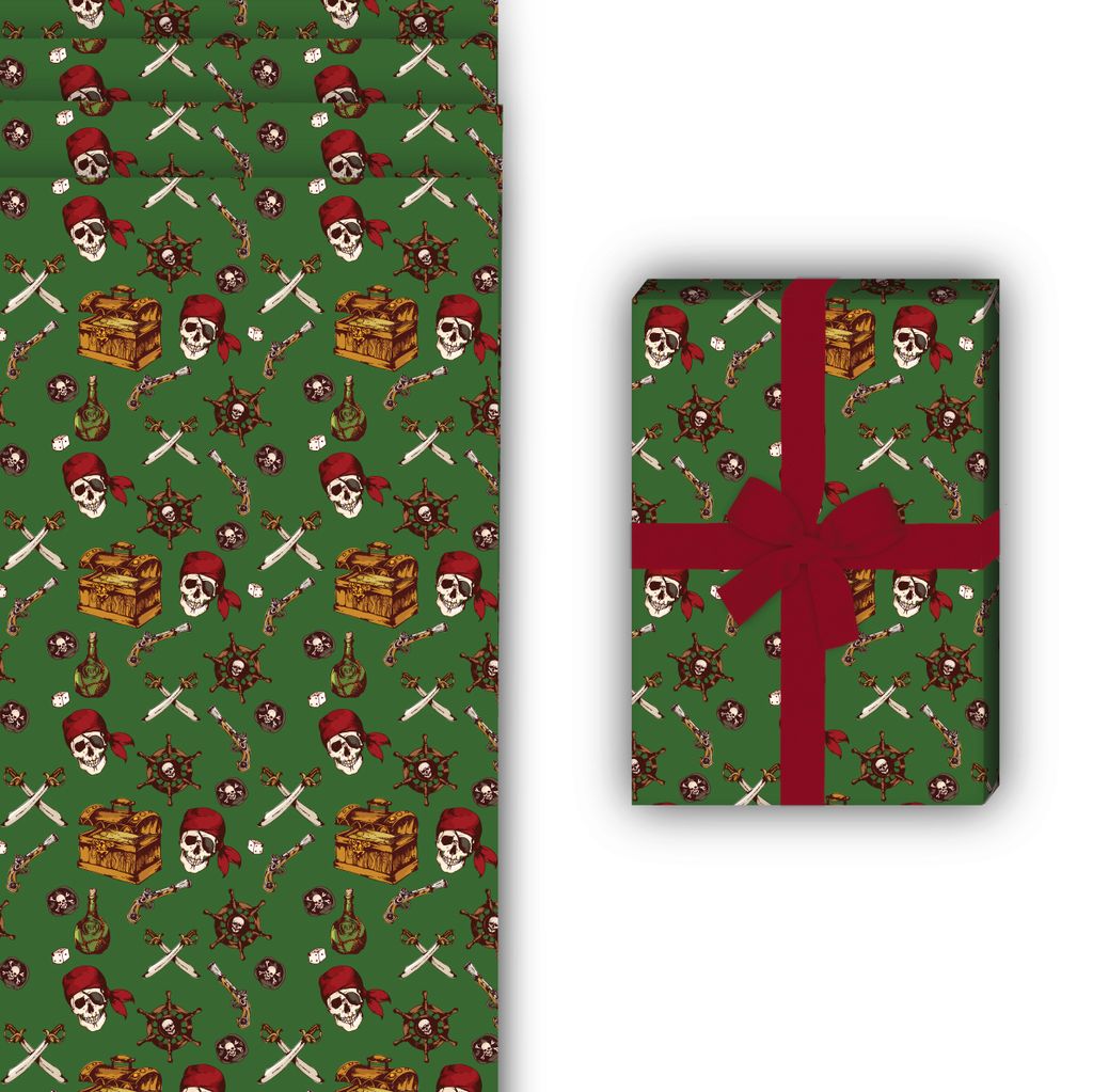 Cooles Seeräuber Geschenkpapier mit Totenkopf, Säbel und Produktbild 3