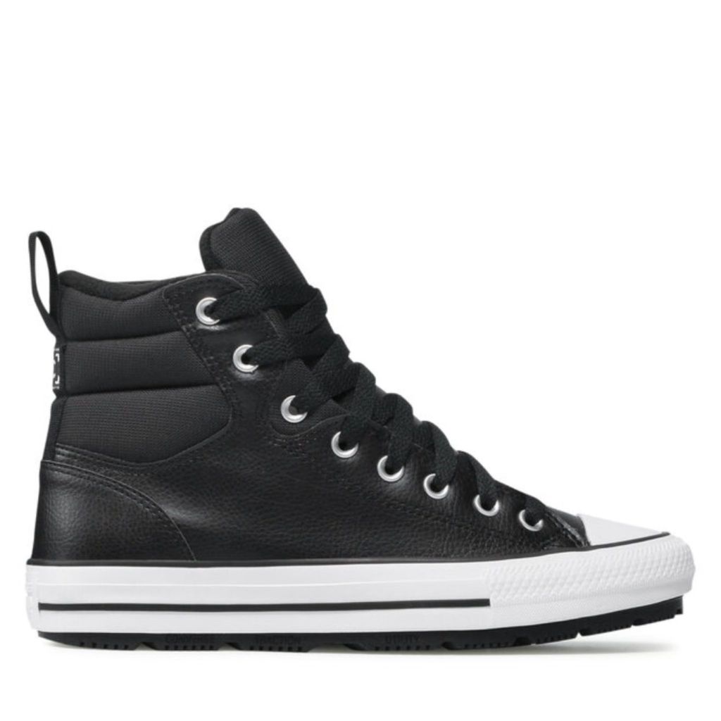 A studio shot of a black high-top Converse sneaker.