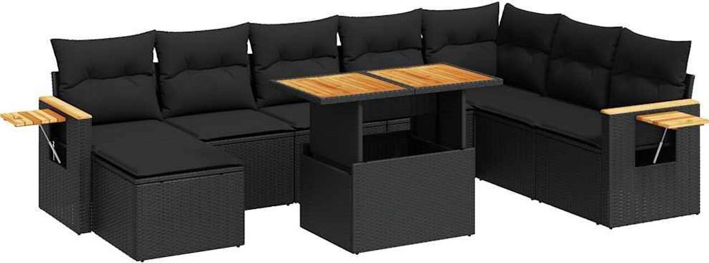 vidaXL 9-tlg. Garten-Sofagarnitur mit Kissen Schwarz Poly Rattan