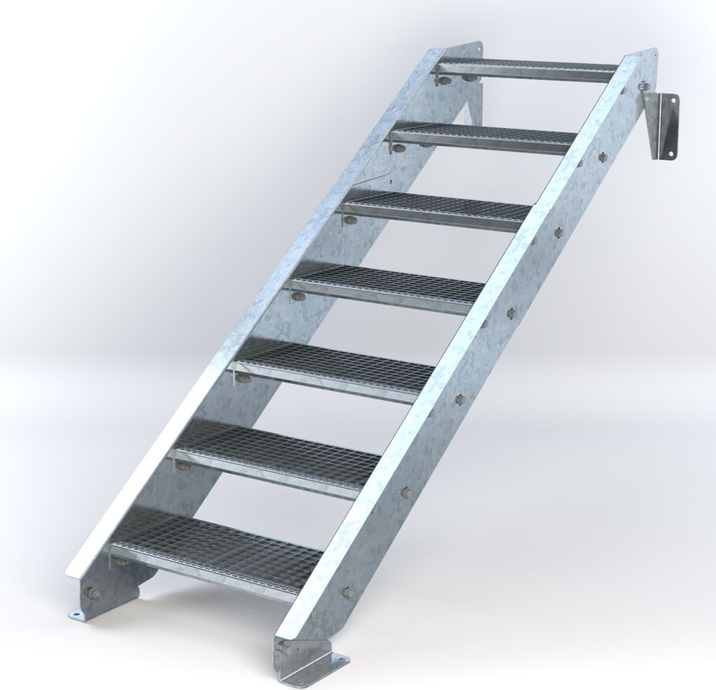 Stahltreppe 7 Stufen bis Höhe 140 cm, Laufbreite : 60 cm kein Geländer ST 2 (31 / 31 mm gezackt)