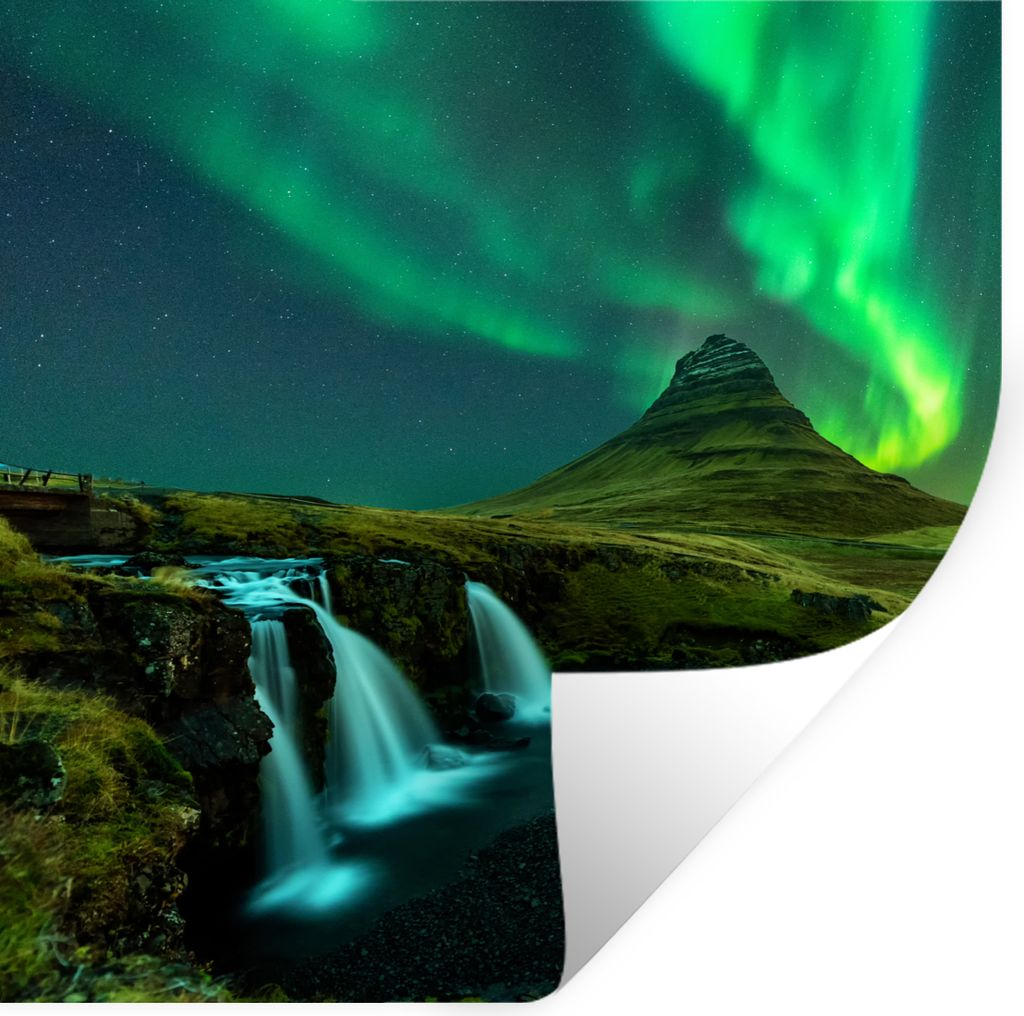 MuchoWow Wandtattoo Wandsticker Wandaufkleber Nordlichter - Wasserfall - Berg - Island 30x30 cm Selbstklebend und Repositionierbar - Repositionie...