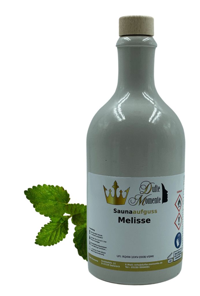 Dufte Momente | Saunaduft Konzentrat Melisse 500ml in weißer Steingutflasche | naturreine ätherische Öle | vegan, ohne Tierversuche