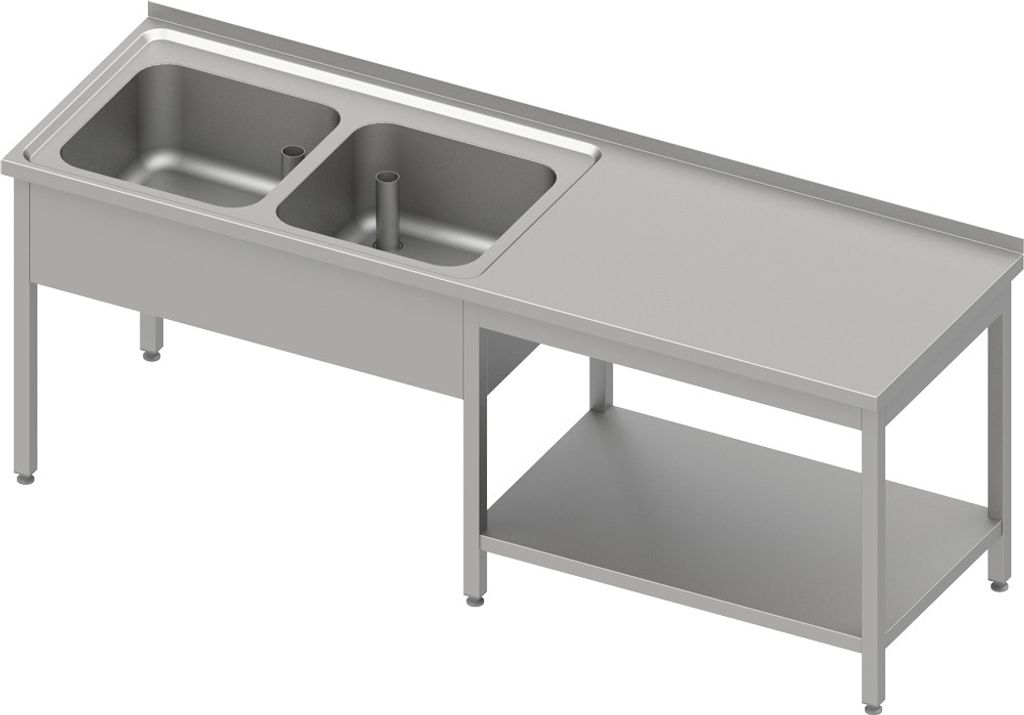 Cheftisch mit Grundboden unter der Arbeitsfläche, mit zwei Becken links 2100x700x850 mm, mit Aufkantung, verschweißt
