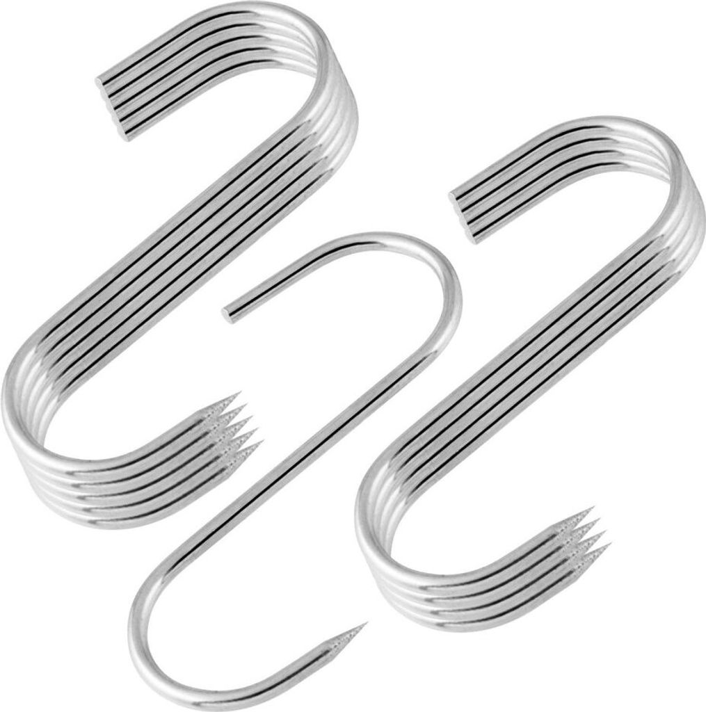 A set of silver S-hooks with a striped pattern.