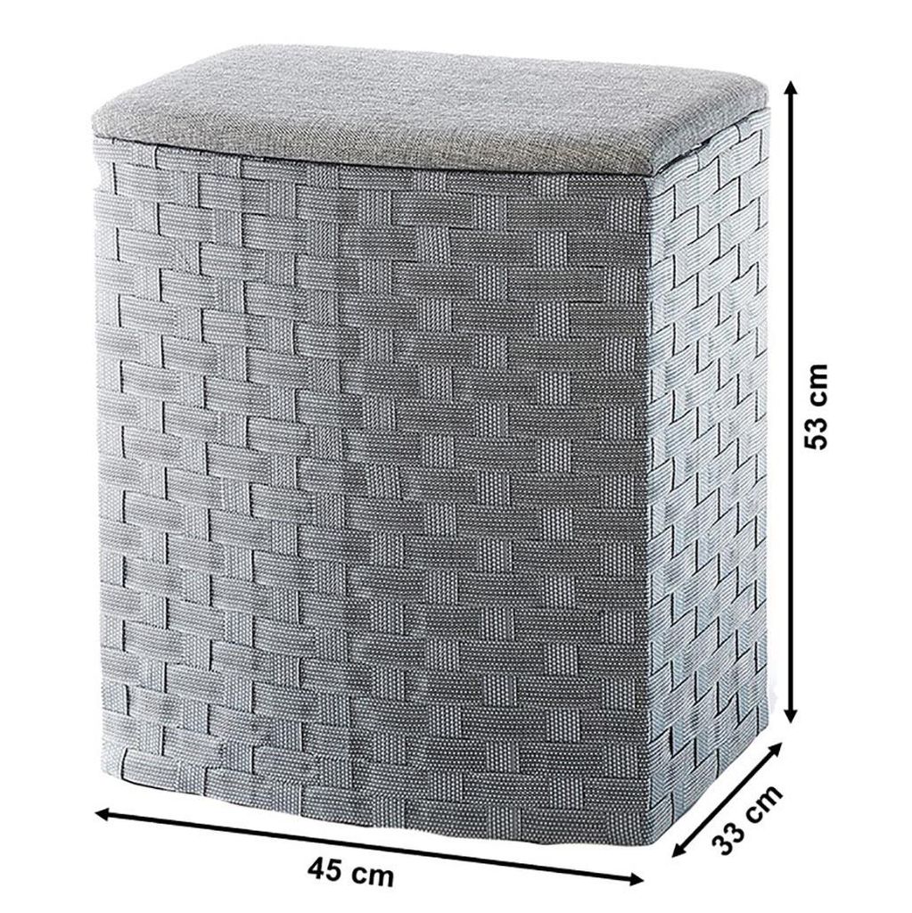 A grey woven laundry hamper with a padded lid, shown with dimensions indicated.