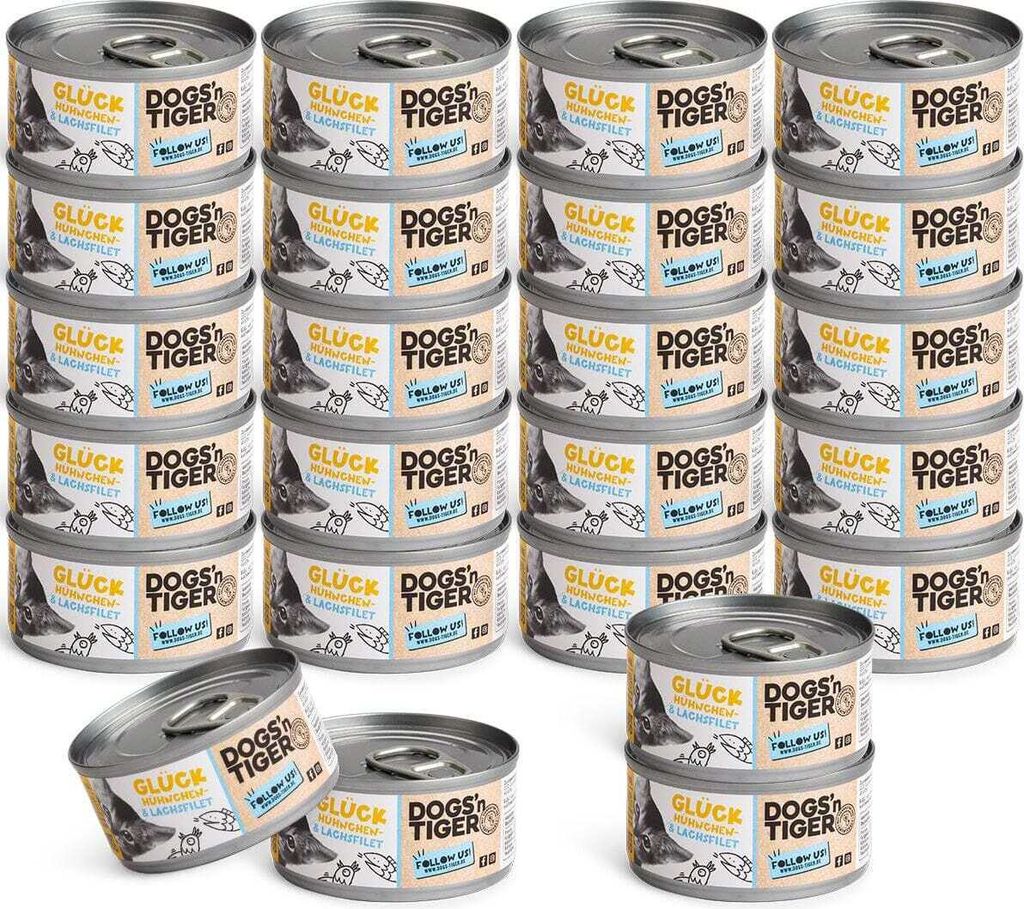 Dogs’n Tiger Adult, Premium Katzenfutter, Glück, Nassfutter, Getreidefrei, Huhn & Lachs, 24x 70g