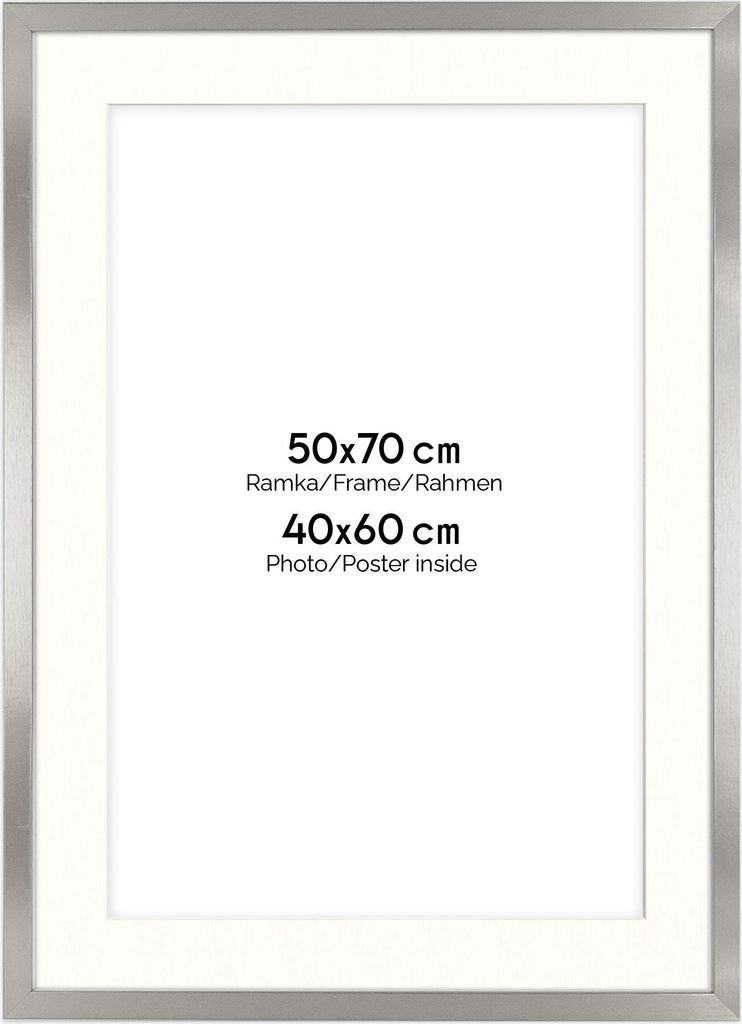 FRAMAI Bilderrahmen 50x70 cm in Silber – mit Passepartout – MDF Holzrahmen, bruchsicheres Plexi, umweltfreundlich, mit Aufhängung - Hochform...