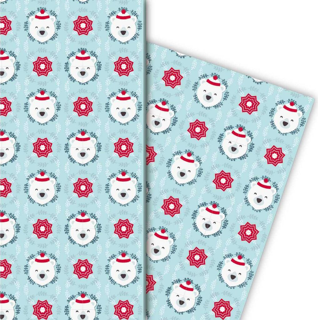 Weihnachts Geschenkpapier mit Eisbär und Stern, hellblau - G4774, 32 x 48cm