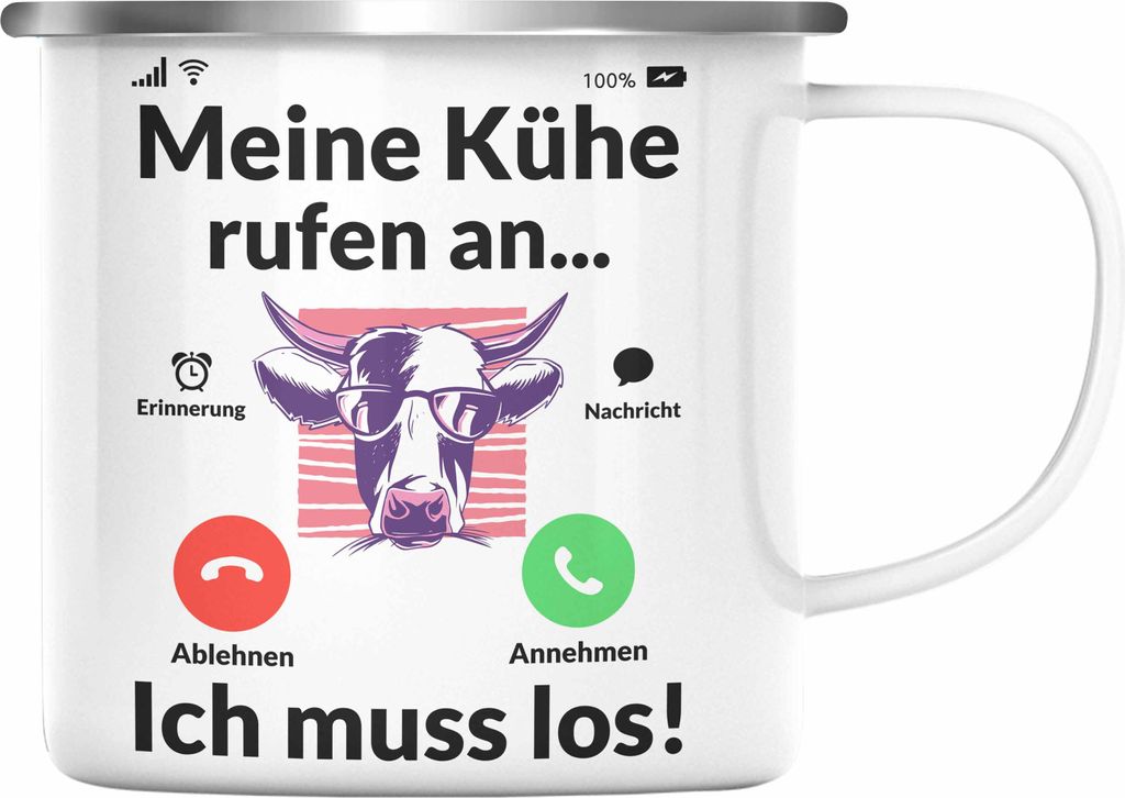 Trendation - Meine Kühe Rufen An Emaille Tasse Geschenk Landwirt Bauer Geschenkidee Landwirtin Kuh Grafik (Silber)