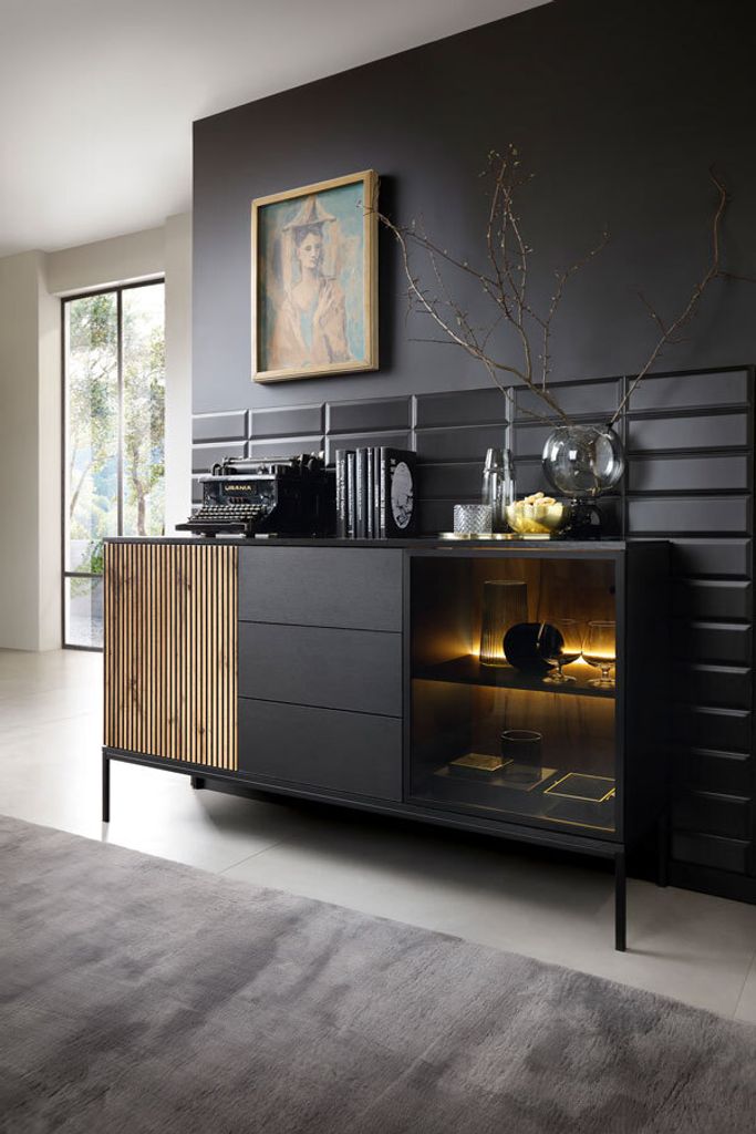 Kommode Sideboard Sento 154x39x83cm schwarz Wotan Eiche MDF