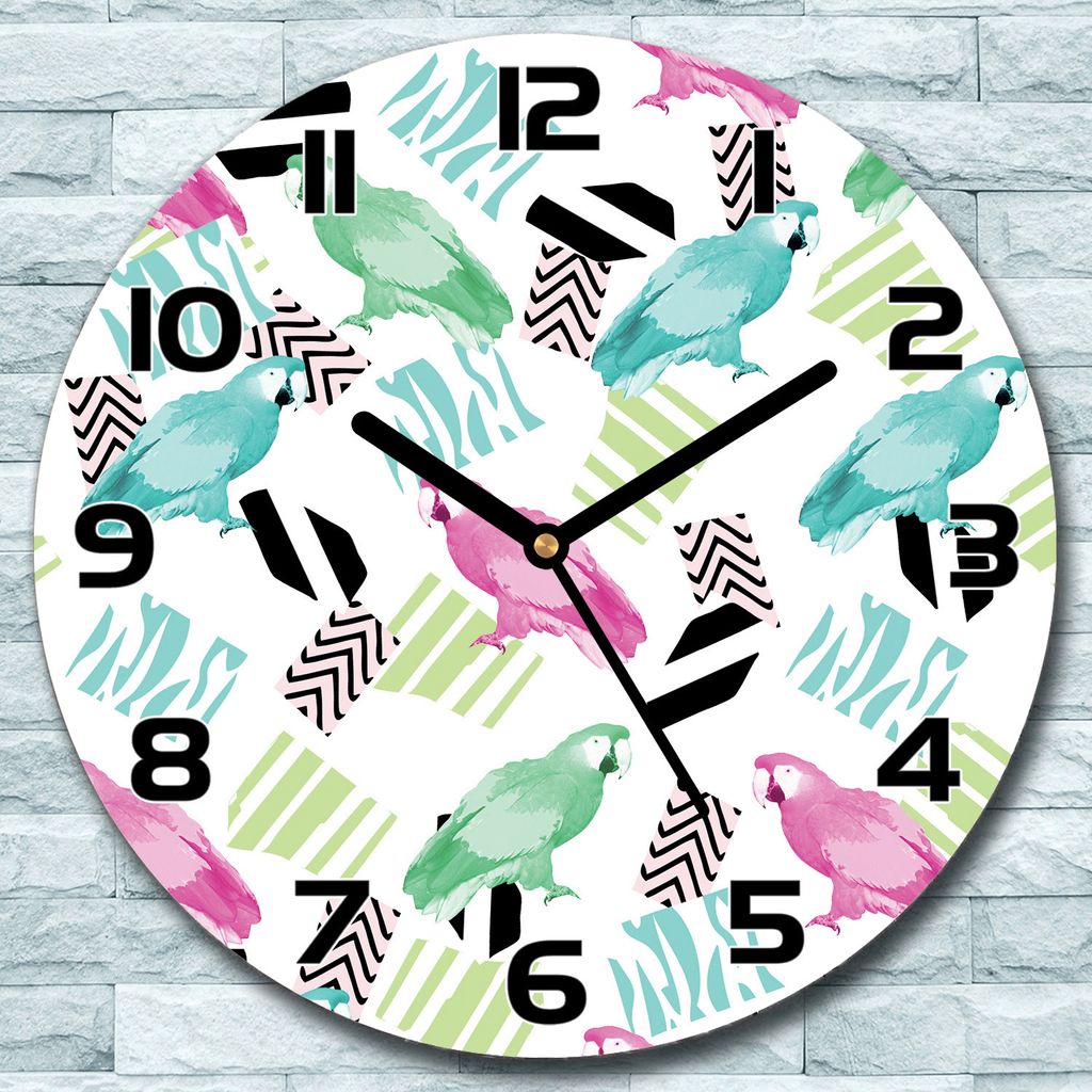 Wanduhr aus Glas Rund fi 30 Bunte Papageien Quarz Deko Schlafzimmer Büro