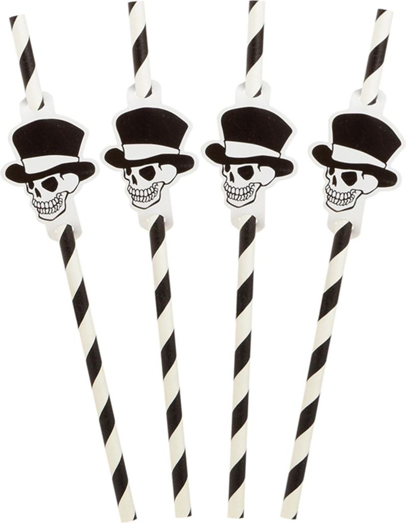 Halloween Strohhalme mit Totenkopfdetail 8 Stück schwarz-weiß 20 cm -