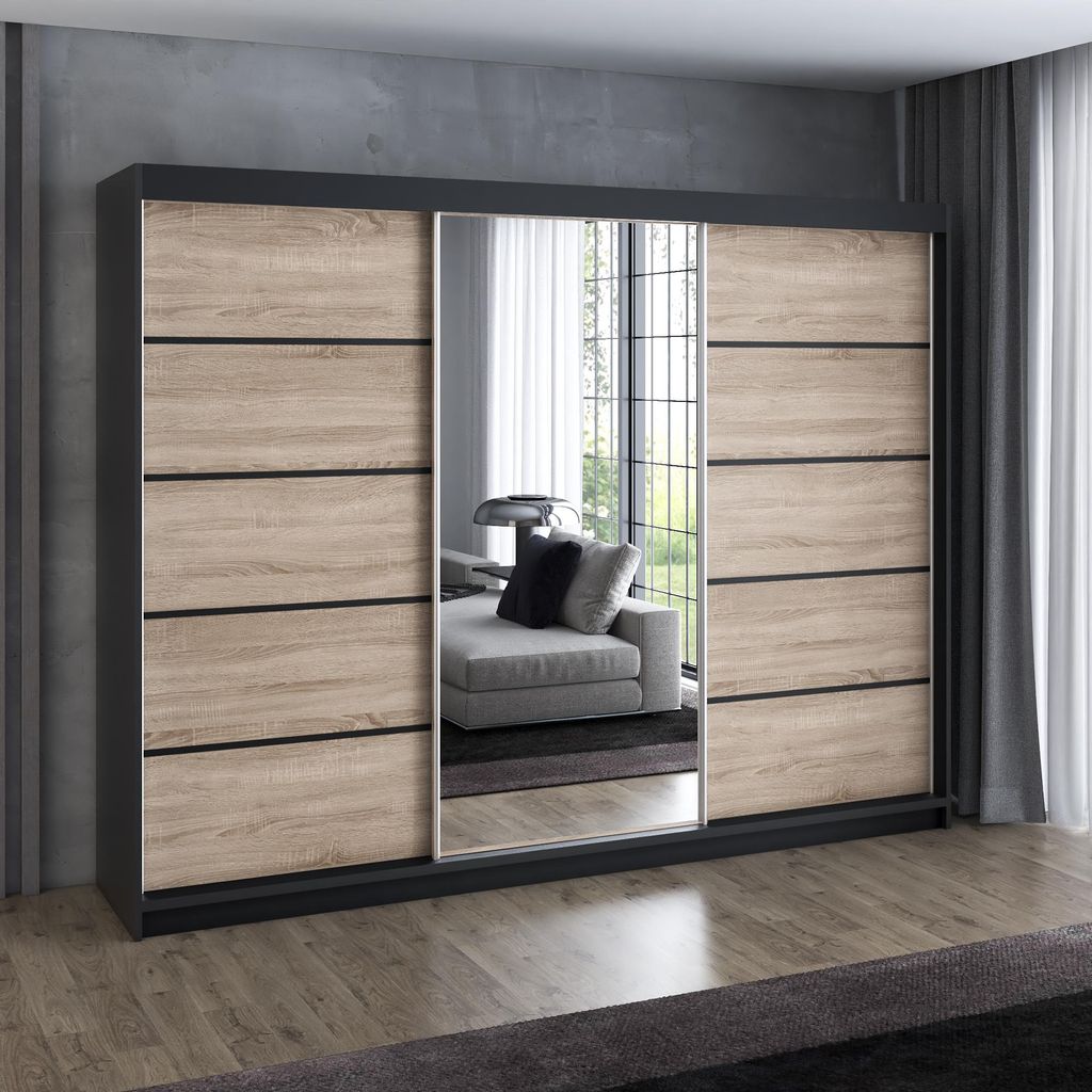 Schwebetürenschrank 200 cm, 3-türig, mit Spiegel & 4 Schubladen, Retro-Stil, Kleiderschrank VILUNO 2 in Schwarz / Sonoma / Sonoma