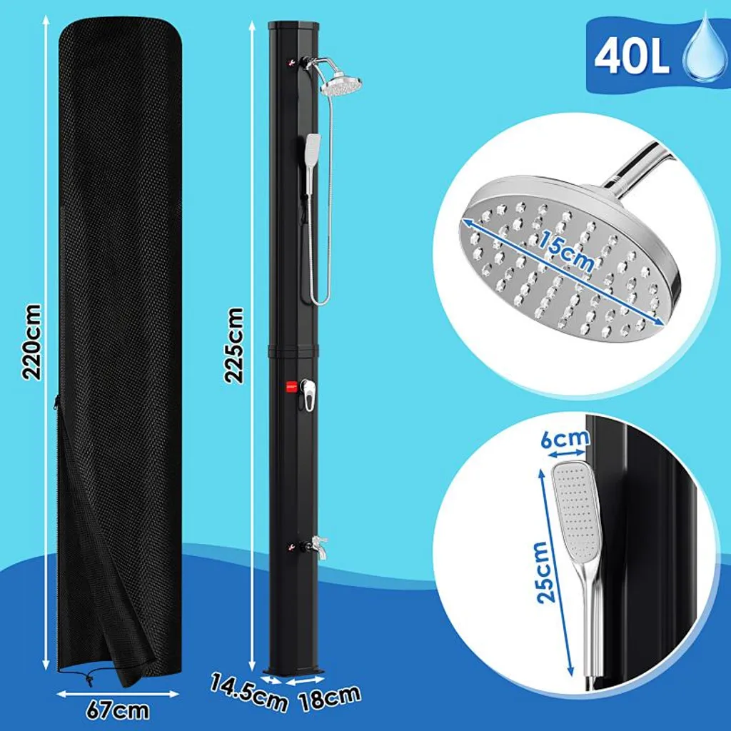 Doccia solare Izrielar Doccia da esterno Doccia da esterno 40 L con copertura protettiva e doccetta per piscina e campeggio