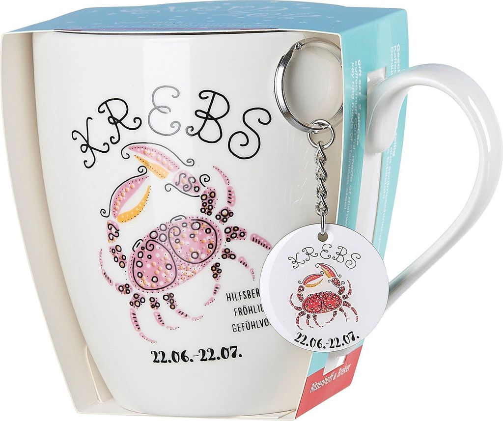 Ritzenhoff & Breker Kaffeebecher Astro Krebs, Sternzeichen Tasse mit Schlüsselanhänger, Porzellan, Bunt, 650 ml, 400199