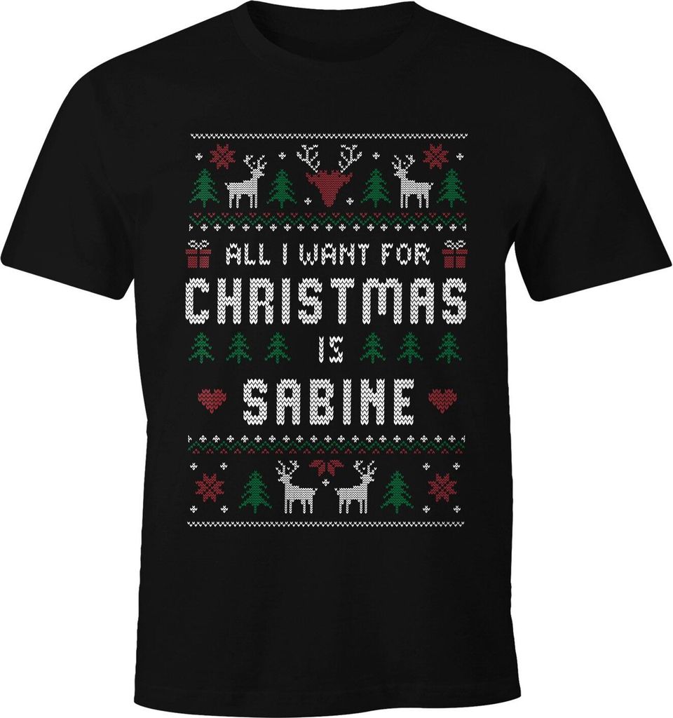 Herren T-Shirt All I want for Christmas Weihnachten Wunschname Text-Zeile personalisierbar Ugly Fun-Shirt lustig Moonworks schwarz S