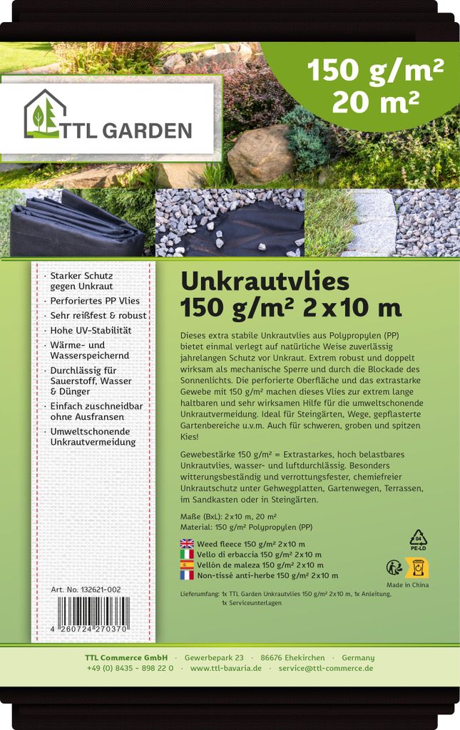 TTL GARDEN Unkrautvlies 20m² 2x10m schwarz 150g/m² Produktbild 
