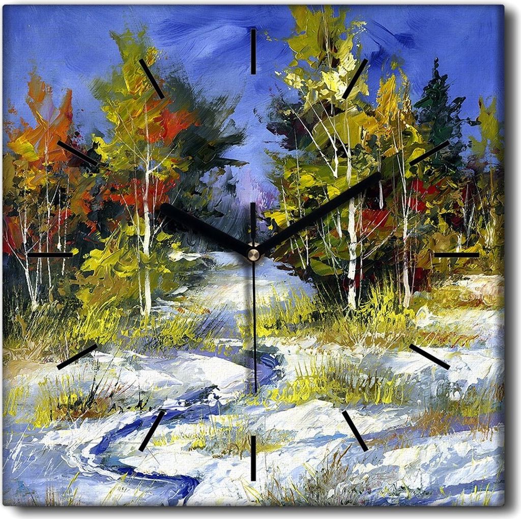 Coloray Uhr auf Leinwand 30x30 cm Wand Uhr Dekoration Wohnzimmer Segeltuch schwarze Hände -Waldbach Winterbaum