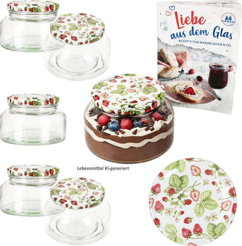 6er Set Joghurtglas 435ml Einmachglas Wald-Erdbeere Deckel Marmelade