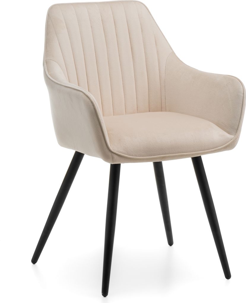 A single beige upholstered chair with black legs against a white background.