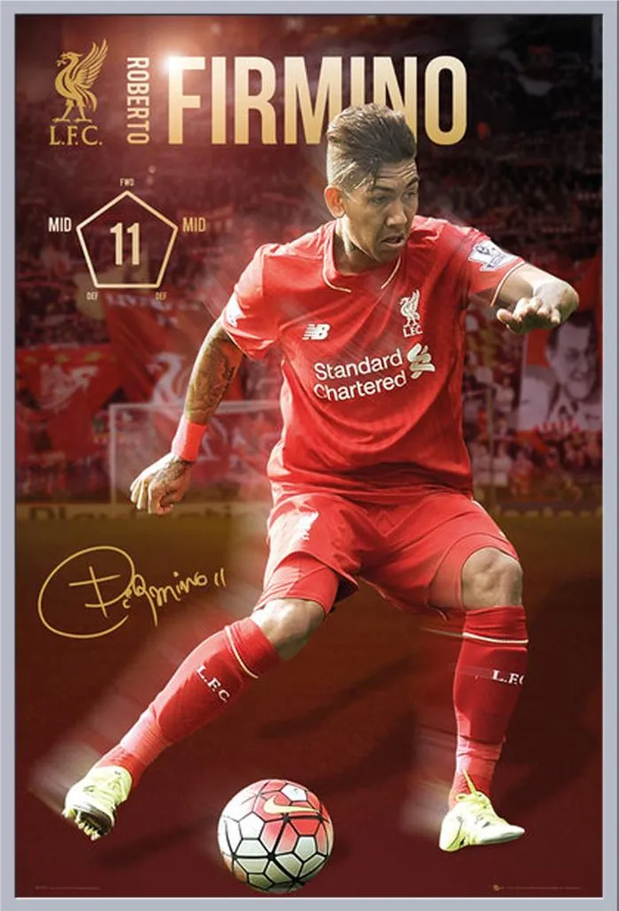 Affiche Roberto Firmino Liverpool FC 15/16 avec Cadre Shinsuke Argenté