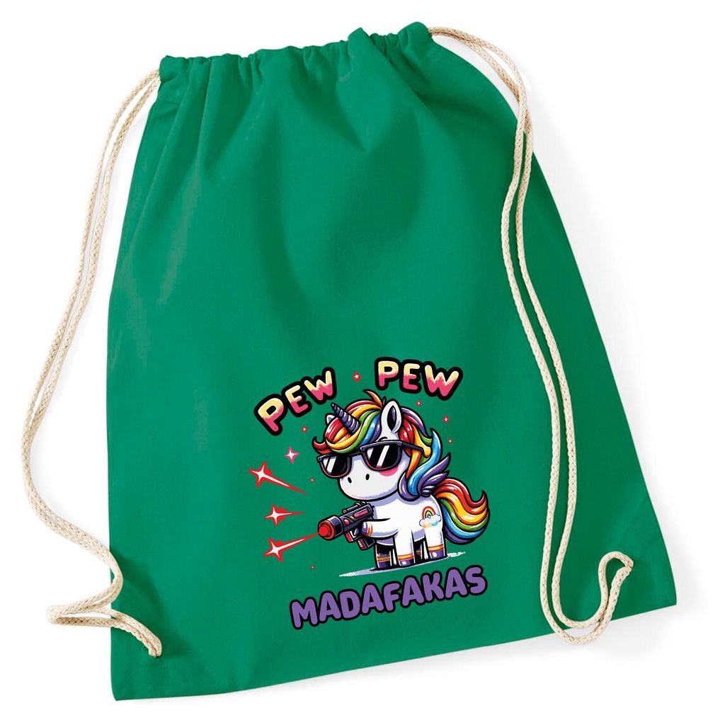 Huuraa Turnbeutel Pew Pew cooles Einhorn 12 Liter Kelly Green Baumwolle Rucksack Geschenkidee