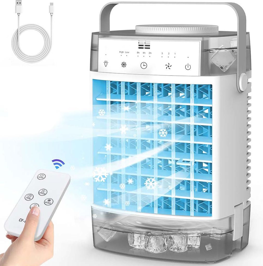 Mobile Klimaanlage 4-in-1 Tragbare Mini Ventilator Luftkühler 1600 ml Wassertank mit Fernbedienung, Timer, 3 Geschwindigkeiten, 2 Nebelmodi