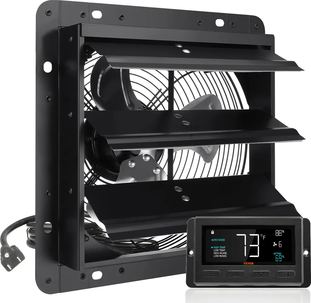 Ventilatore di scarico VEVOR, 254 mm, regolatore temperatura-umidità, motore EC, 843 CFM, ventilatore a parete con controllo della velocità per montaggio a parete, ventilazione e raffreddamento per serre, garage, capannoni - 1