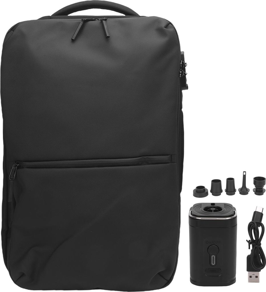 Vakuum-Reiserucksack 56L, erweiterbar, mit USB-Ladeanschluss, regendicht, komprimierbar, mit Pumpe und Schloss für Geschäftsreisen