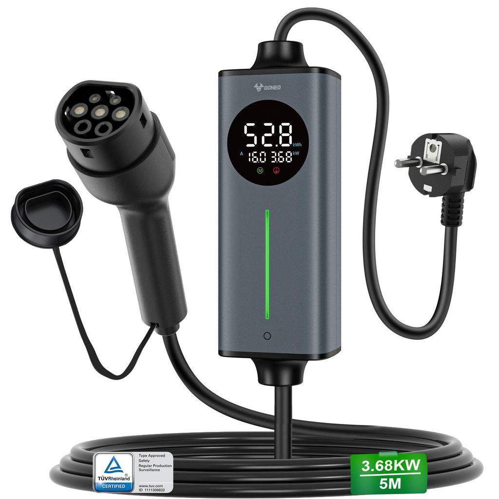 GONEO Typ 2 Ladekabel Schuko 3,68kW 5m 16A 1-phasig, Tragbares Elektroauto-Ladegerät, Einstellbare Ladeleistung & Timer