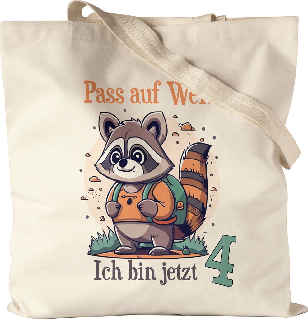 Pass auf Welt ich bin 4 Jutebeutel Geburtstag Waschbär Junge Jahre