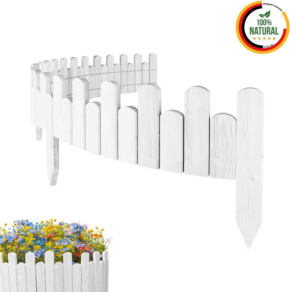 Floranica Rasenkante 200 x 15 cm Weiß Flexible Beeteinfassung aus Holz als Rollborder Palisade Gartenzaun