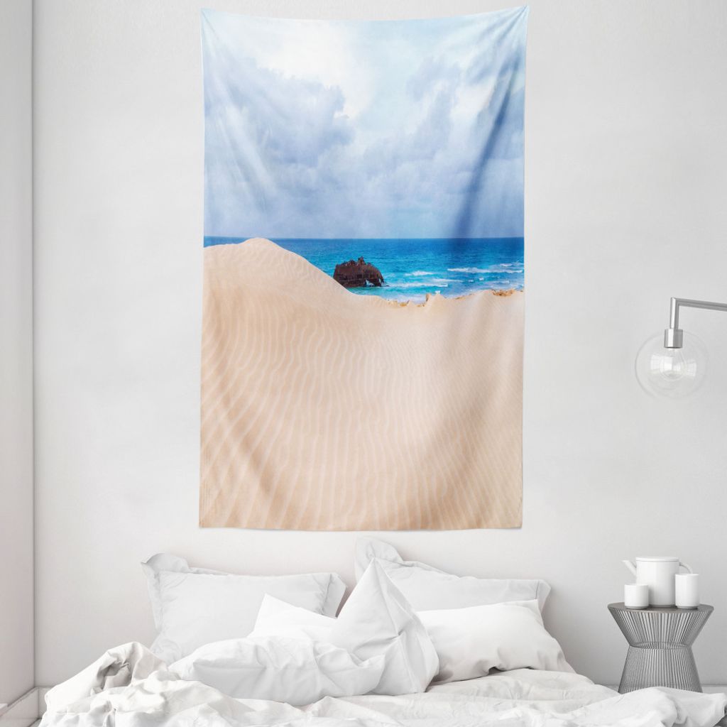 ABAKUHAUS Strand Wandteppich und Tagesdecke, Wrack Boot an der Küste aus Weiches Mikrofaser Stoff Waschbar ohne Verblassen Digitaldruck, 140 x 230...