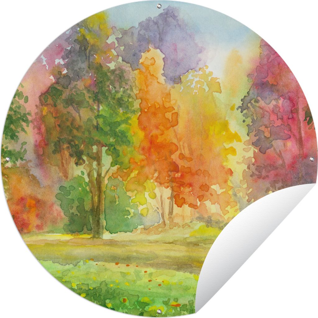 MuchoWow Gartenposter Outdoor-Poster Rund Eine bunte Illustration von Bäumen Ø 60 cm Gartendeko Rundes Poster draußen