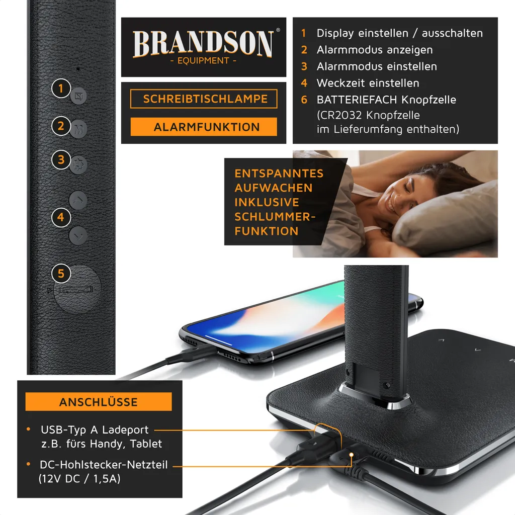 Brandson Lampe de Bureau LED Dimmable Aspect Cuir avec Calendrier LCD