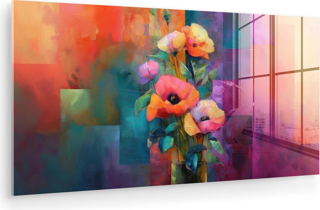 MuchoWow Glasbilder - Bilder auf Wandbild - Foto auf Glas Geometrische Farbblätter - Modern - Fantasieblumen 80x40 cm Wanddekoration aus Glas - Ac...
