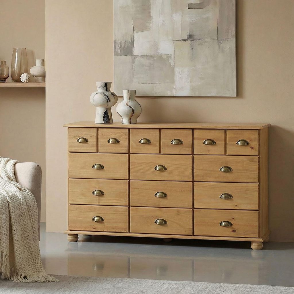 Kommode Schubladenschrank Landhauskommode Sideboard COLMAR mit 12 Schubladen, Muschelgriffe, in gebeizt/gewachst