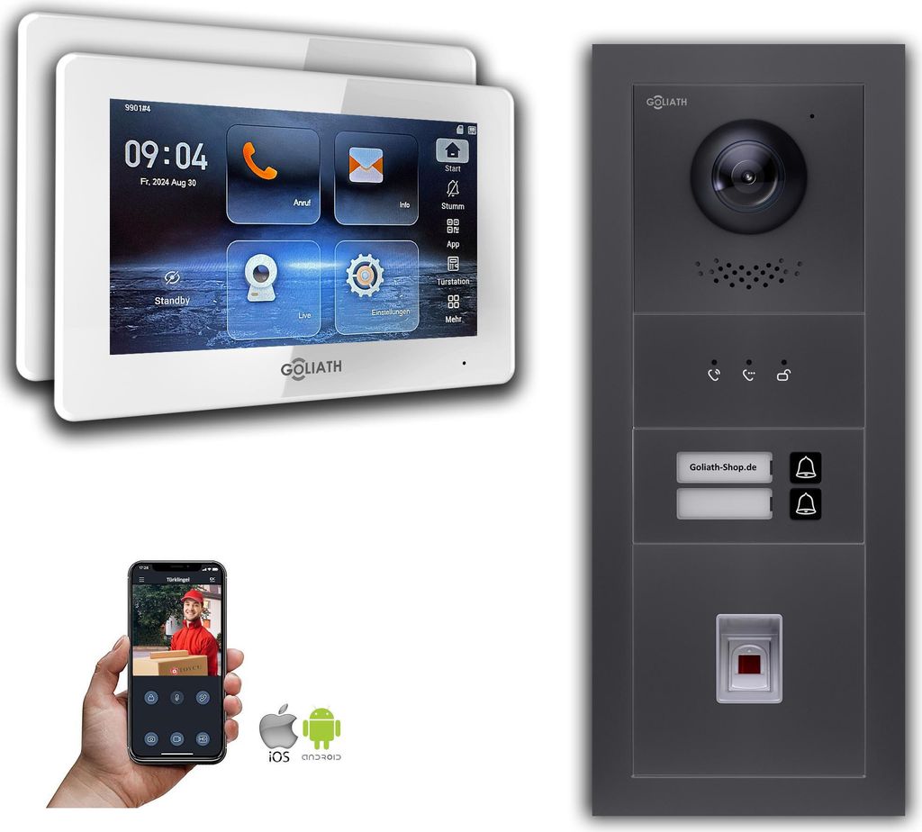 Goliath 2-Draht BUS Video Türklingel: 2 Familienhaus, Fingerprint, Anzeige, Anthrazit : 7 Zoll in Weiß : Unterputzdose Monitor Auswahl: 7 Zoll in...