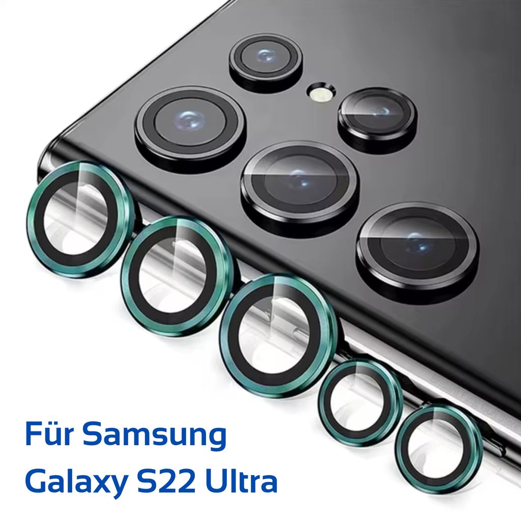 A close-up shot of camera lens protectors for a Samsung Galaxy S22 Ultra, with the product title text below.