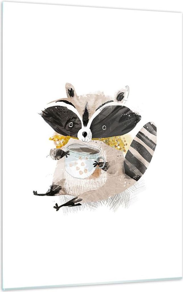 Bilder auf glas - Einteilig - Waschbär Tasse Kinder - 50x70cm - Glasbilder - Wandbilder - Bilder - zum Aufhängen bereit - Wanddekoration aus Glas...