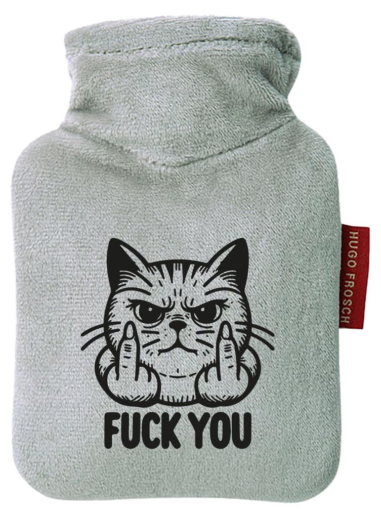 Huuraa Mini-Wärmflasche F*ck you grimmige Katze 0,2 Liter Grey Mini Veloursbezug Taschenwärmer Geschenkidee