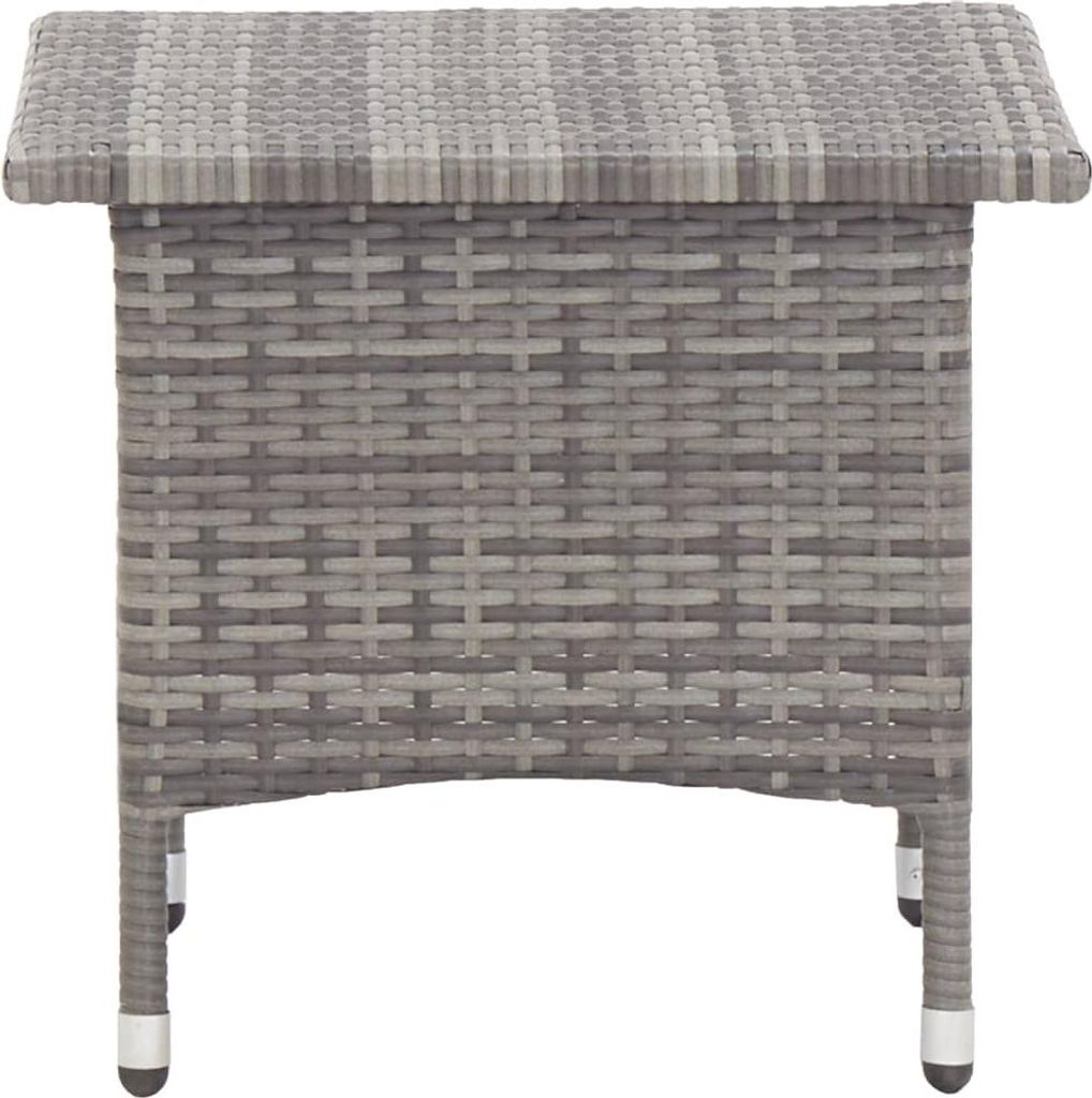 A close-up, front-facing view of a gray poly rattan side table against a white background.